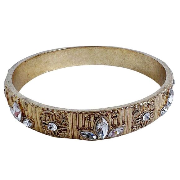 Gold Embossed Bracelet Bangle Rhinestone Flowers Boho Chic Bohemian - Picture 1 of 6